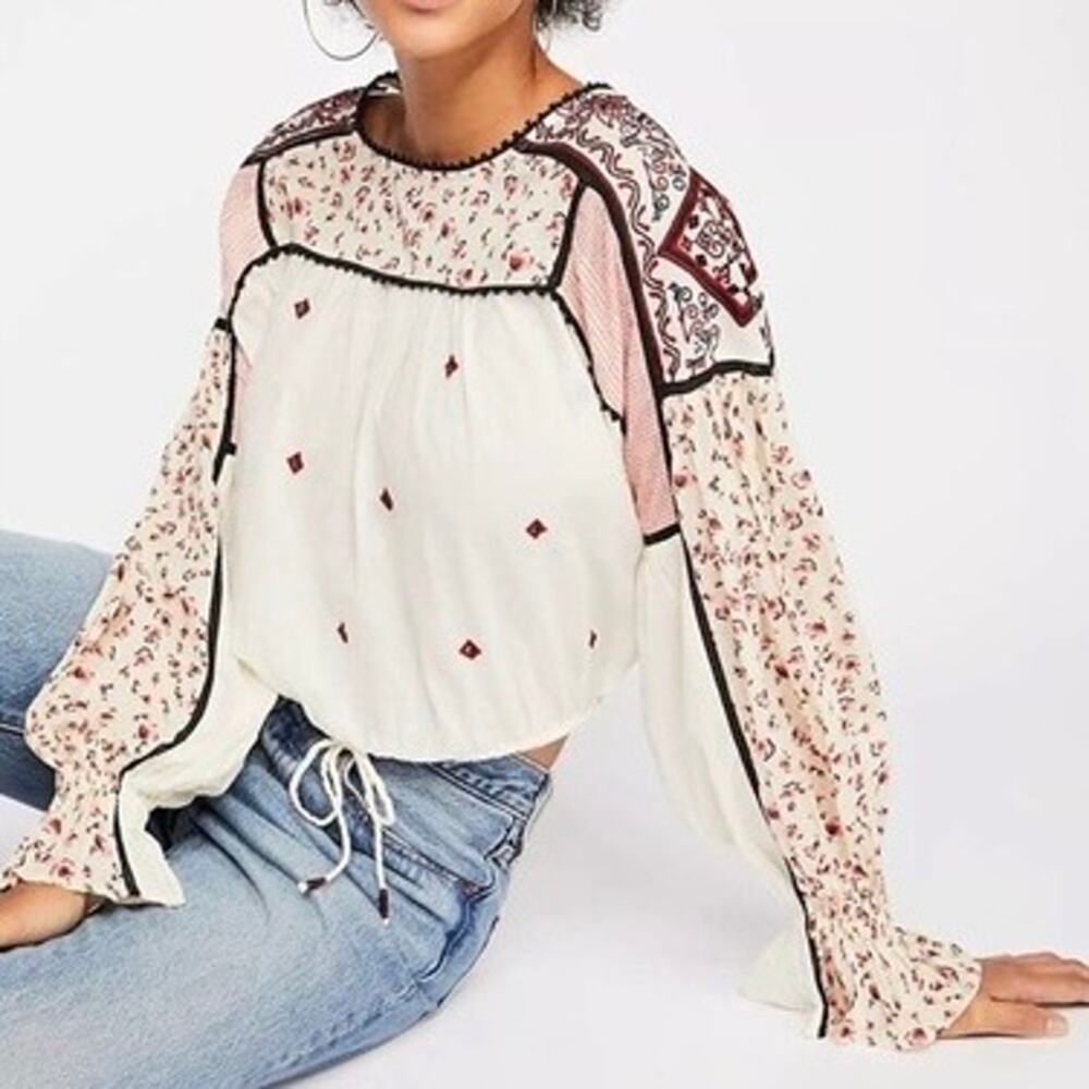 Free People Boho Cream Floral Peasant Blouse Long Sleeve – XS
